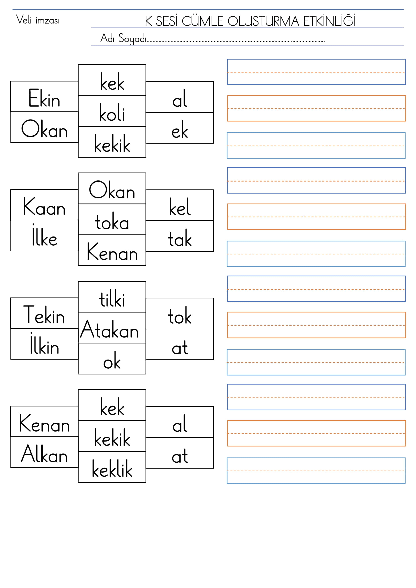 1. Sınıf İlk Okuma Yazma K Sesi Cümle Oluşturma Etkinliği
