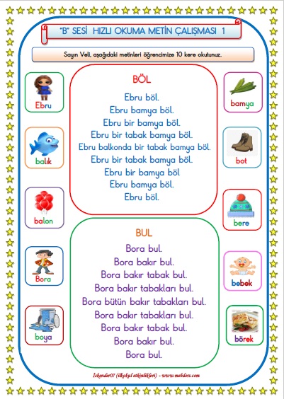 1. Sınıf B-b Sesi Hızlı Okuma Çalışması