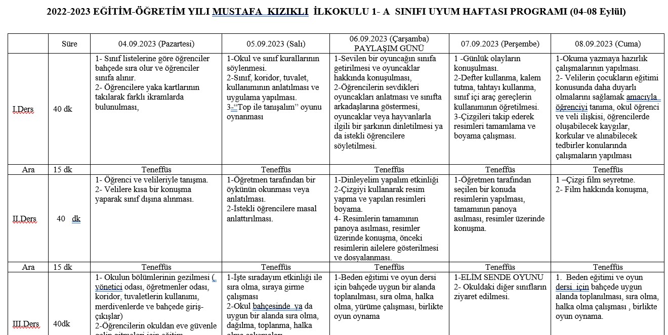 1. Sınıf Uyum Haftası Programı