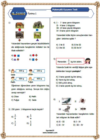 4. Sınıf Matematik Tartma Kazanım Testi  1 ETKİLEŞİMLİ