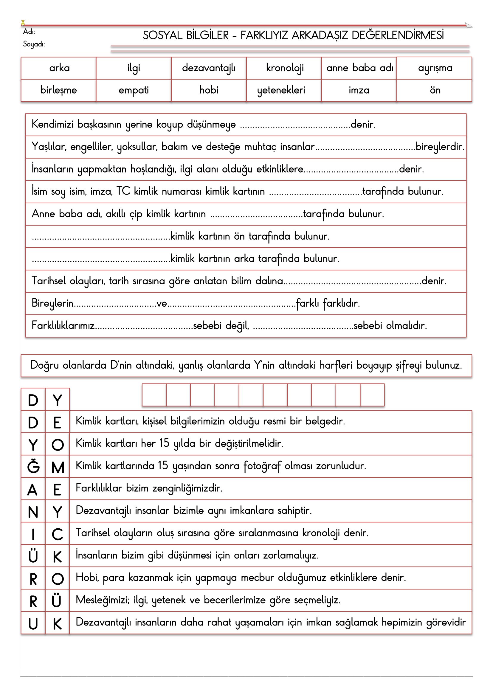 4. Sınıf - Sosyal Bilgiler Farklıyız, Arkadaşız Değerlendirmesi