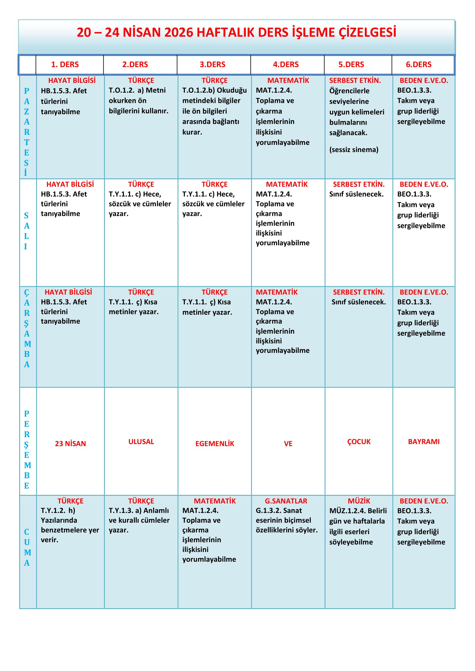 1. Sınıf 20 - 24 Nisan 2026 Haftalık Ders İşleme Çizelgesi.doc