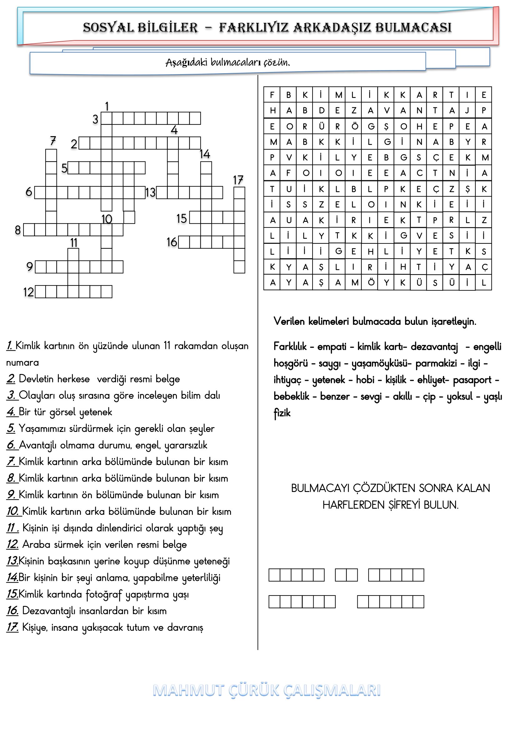 4. Sınıf - Sosyal Bilgiler Farklıyız Arkadaşız Bulmacası