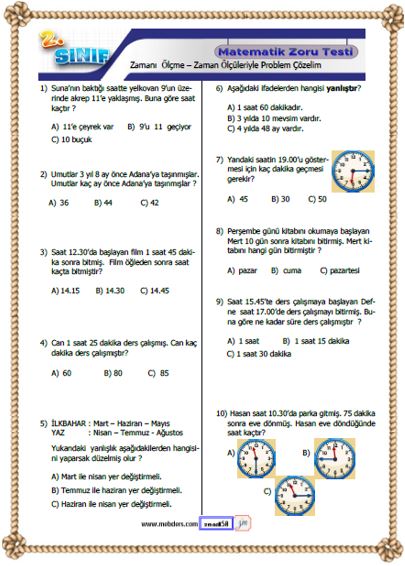 2. Sınıf Matematik Zamanı Ölçme ve Problemler Kazanım Testi