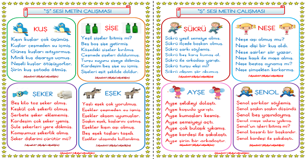 1. Sınıf İlk Okuma Yazma Ş Sesi Metin Okuma Çalışması