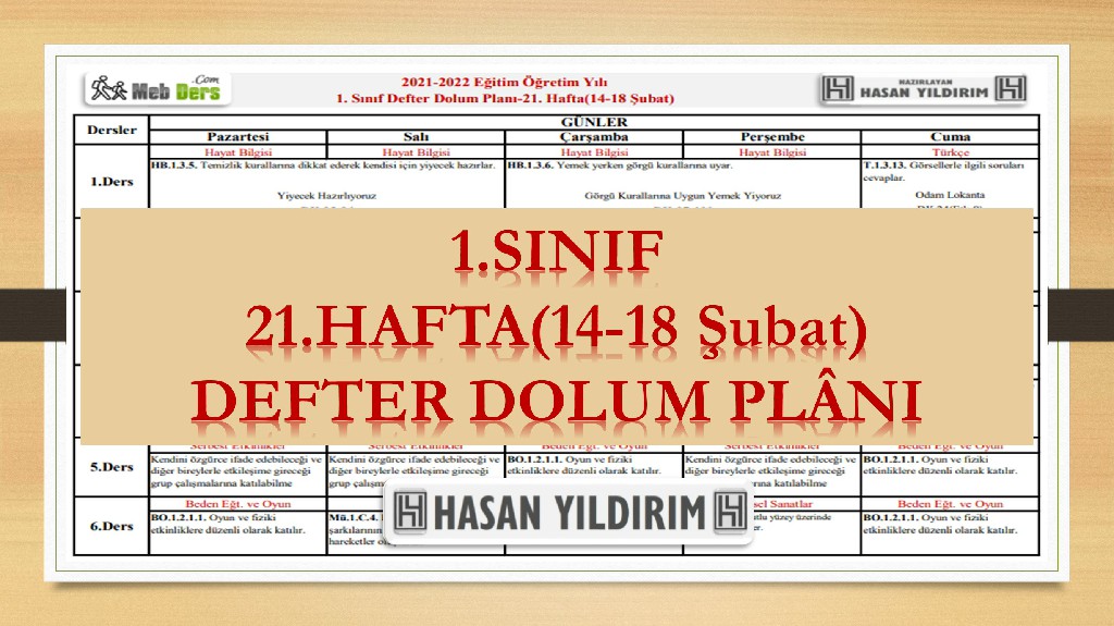 1. Sınıf 21.Hafta(14-18 Şubat) Defter Dolum Planı