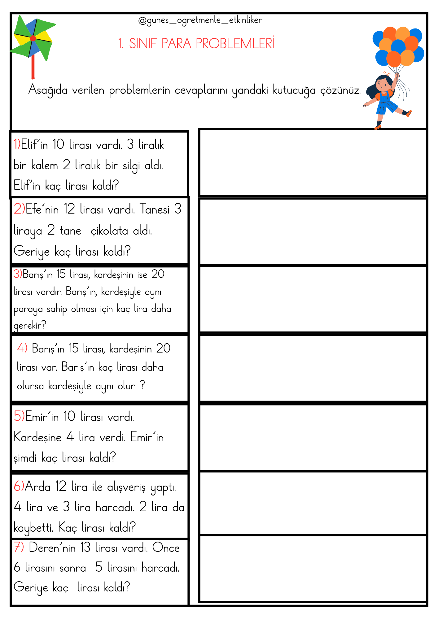 1. Sınıf Matematik Para Problemleri