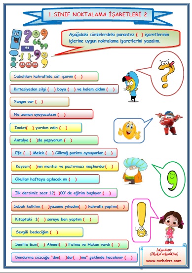 1. Sınıf Türkçe Noktalama İşaretleri Çalışması 2