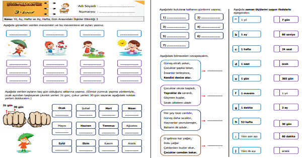 3. Sınıf Matematik Yıl, Ay, Hafta ve Ay, Hafta, Gün Arasındaki İlişkiler Etkinliği 3
