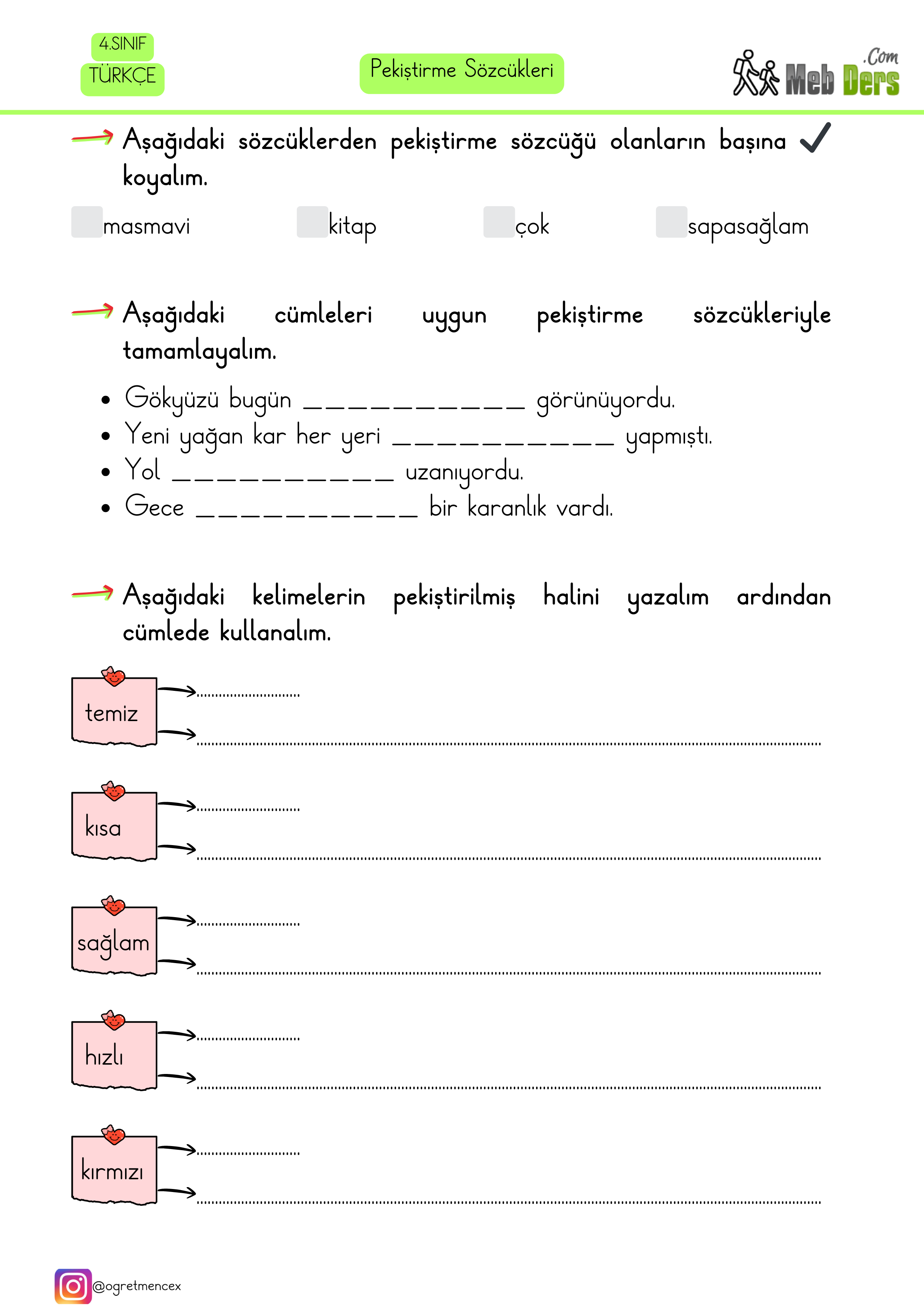 4. Sınıf Türkçe Pekiştirme Sözcükleri Çalışma Sayfası