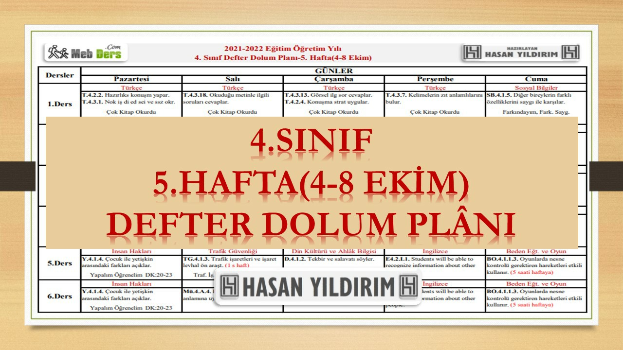 4. Sınıf 5.Hafta(4-8 Ekim) Defter Dolum Planı