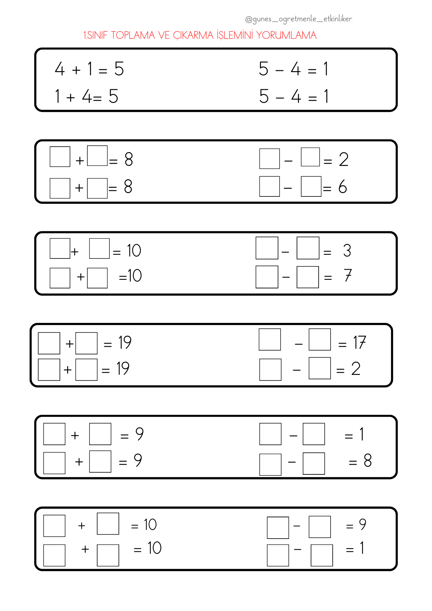 1. Sınıf Matematik Toplama ve Çıkarma İşlemi Yorumlama
