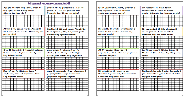 1. Sınıf Matematik İki İşlemli Problemler Etkinliği