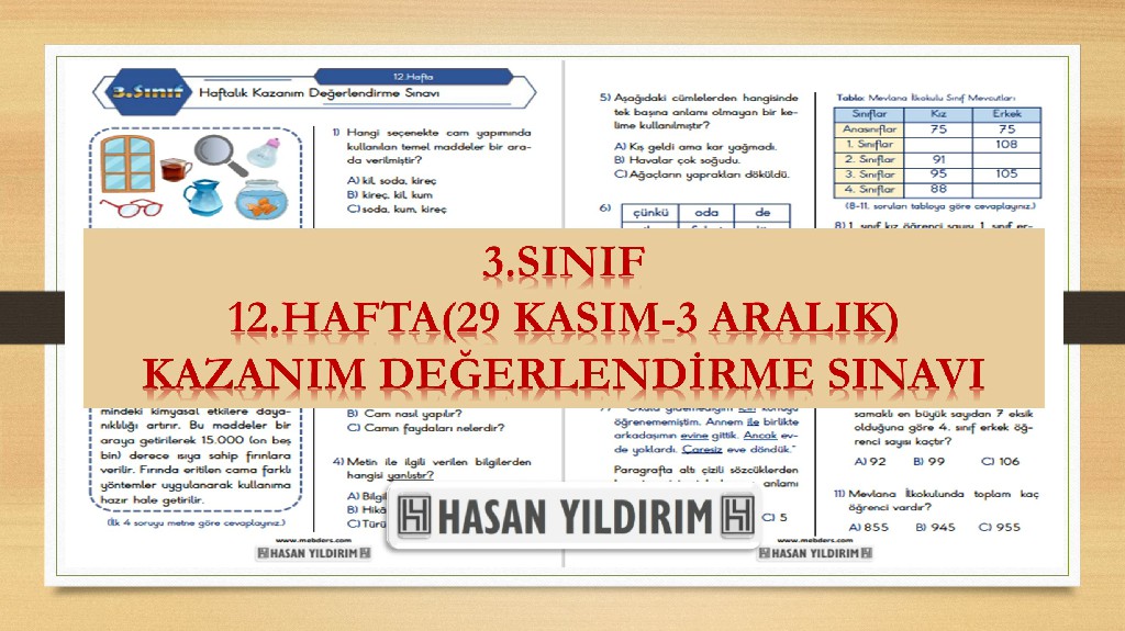 3. Sınıf Haftalık Değerlendirme Testi-12.Hafta(29 Kasım-3 Aralık)
