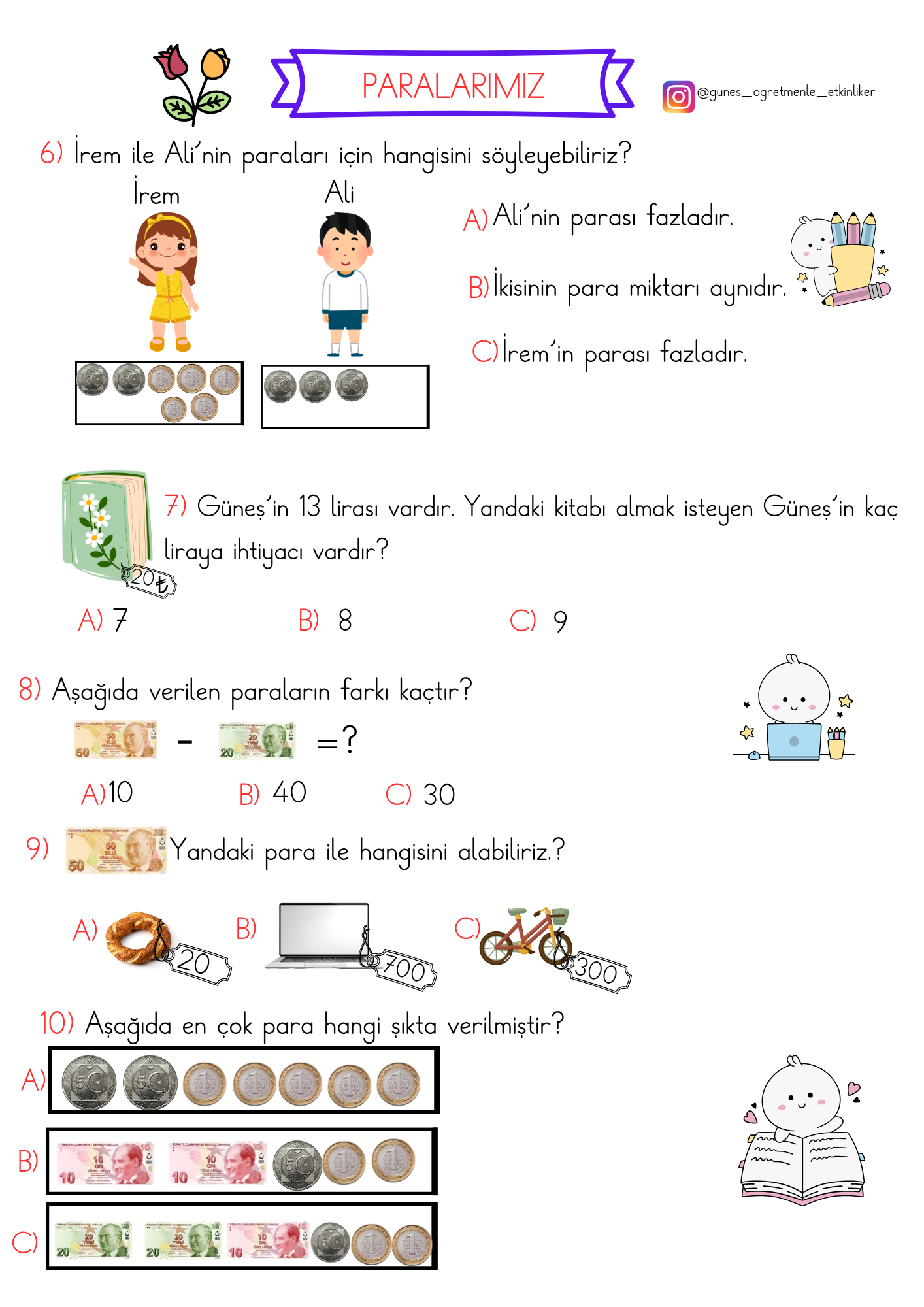 1. Sınıf Matematik Paralarımız Sorular