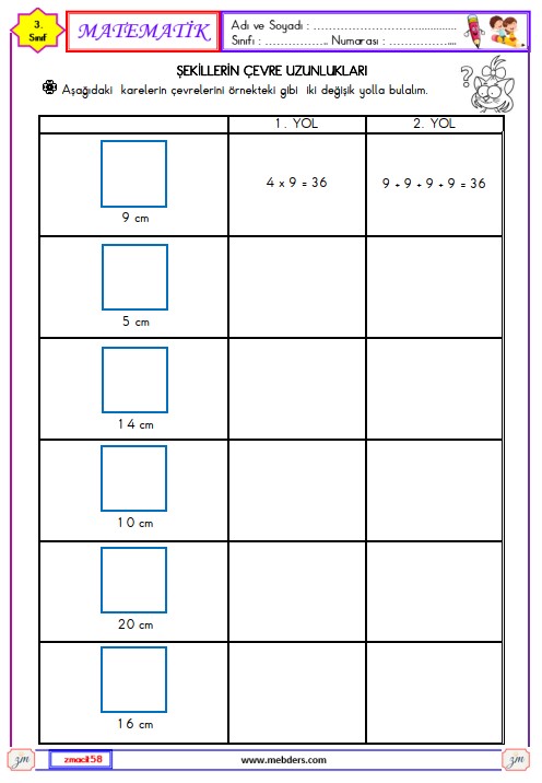 3. Sınıf Matematik Şekillerin Çevre Uzunlukları Etkinliği 18