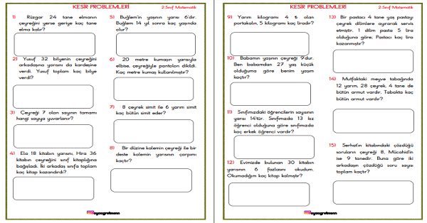 2. Sınıf Matematik Kesir Problemleri (Bütün-Yarım-Çeyrek)-4