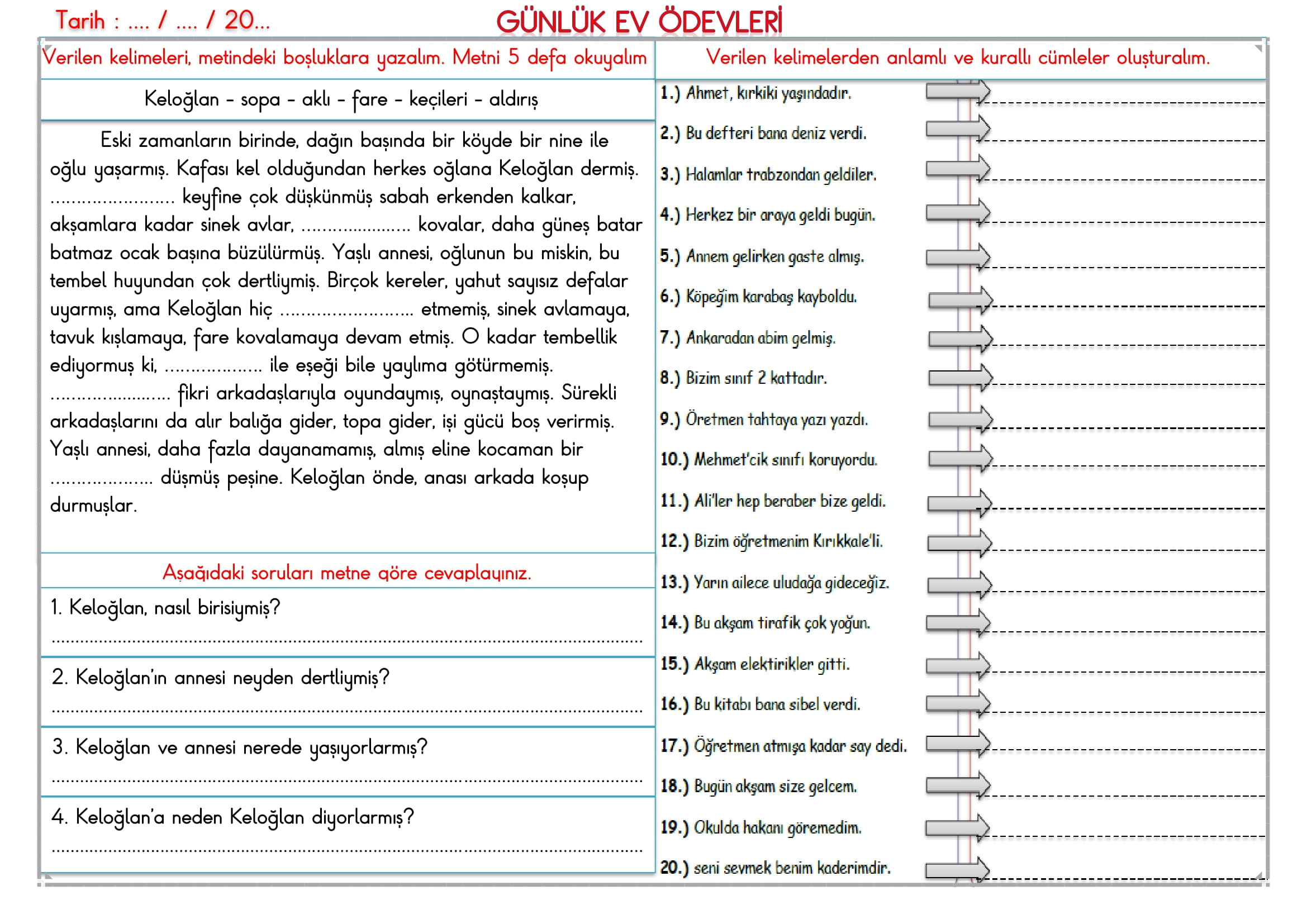 2. Sınıf 26 Mart 2025 Günlük Ev Ödevi