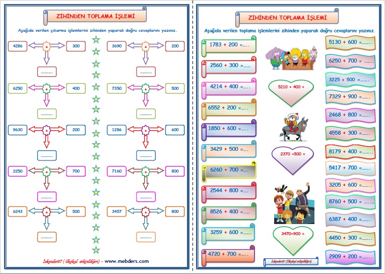 4. Sınıf Matematik Zihinden Toplama İşlemi (2 sayfa)
