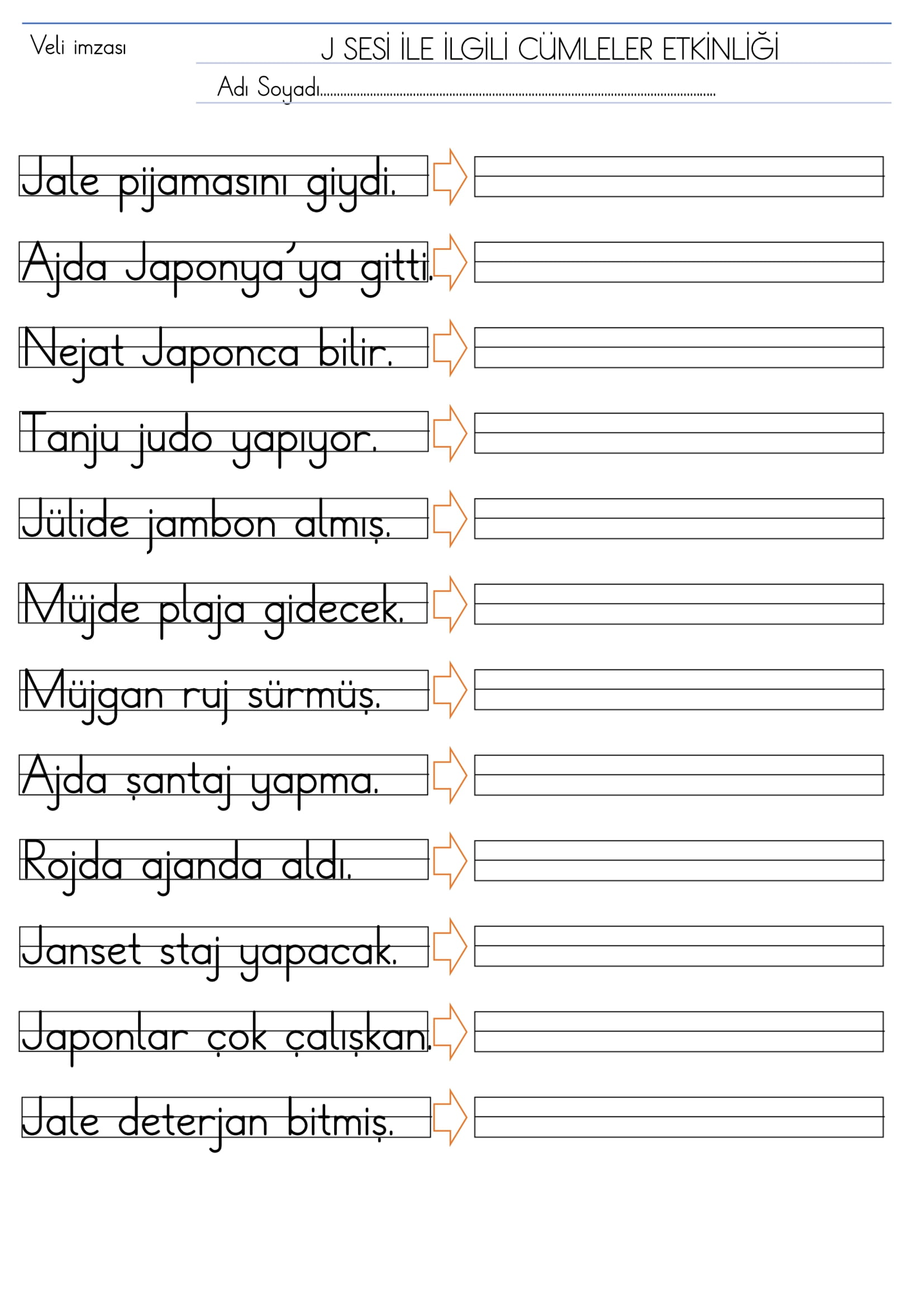 1. Sınıf İlk Okuma Yazma J Sesi Cümleler Etkinliği