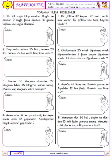 2. Sınıf Matematik Toplama İşlemi Problemler Etkinliği 7