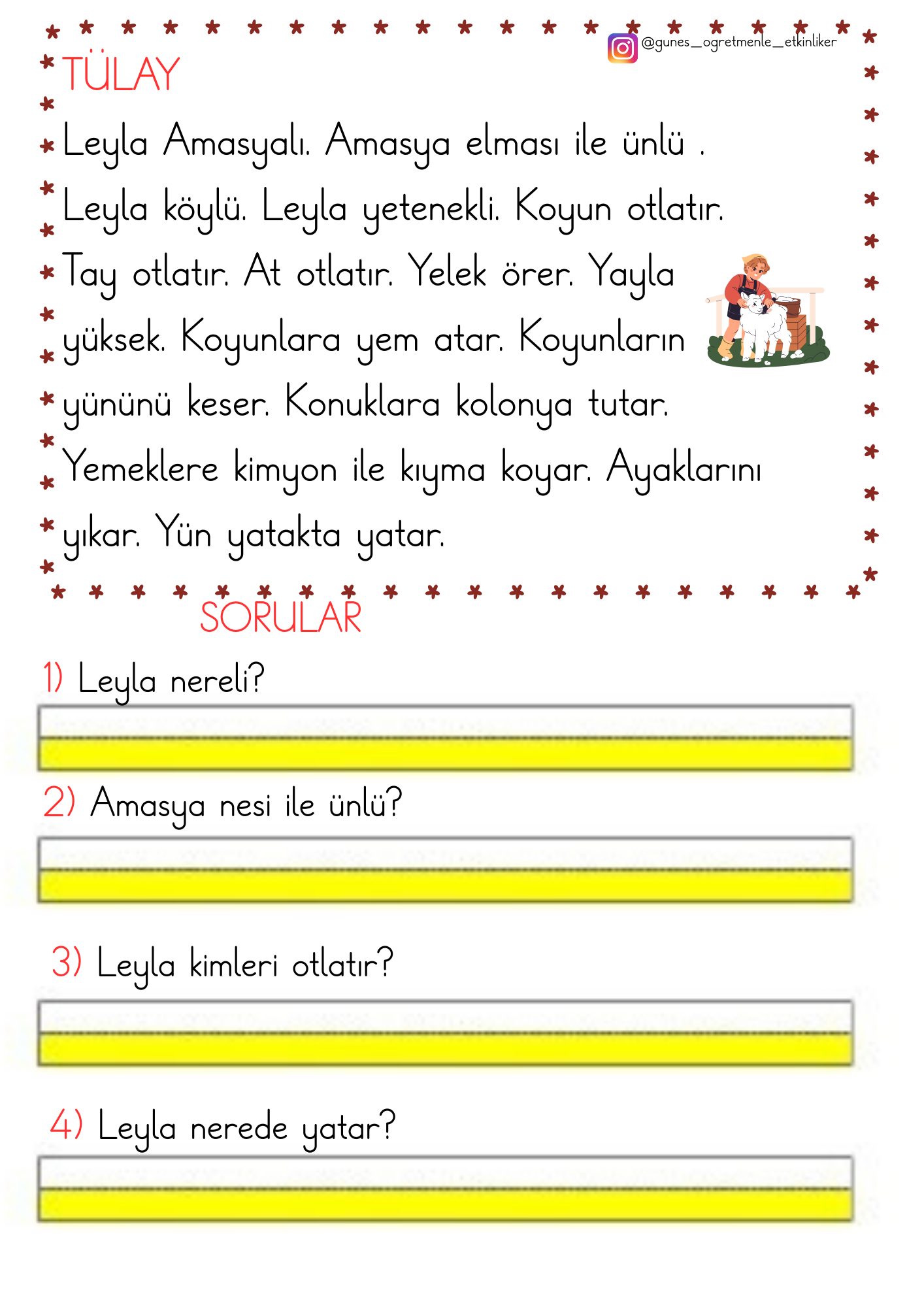 1. Sınıf İlk Okuma Yazma Y Sesi Okuma Anlama Metinleri