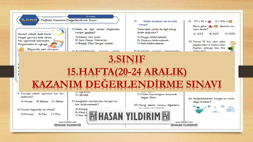 3. Sınıf Haftalık Değerlendirme Testi-15.Hafta(20-24 Aralık)