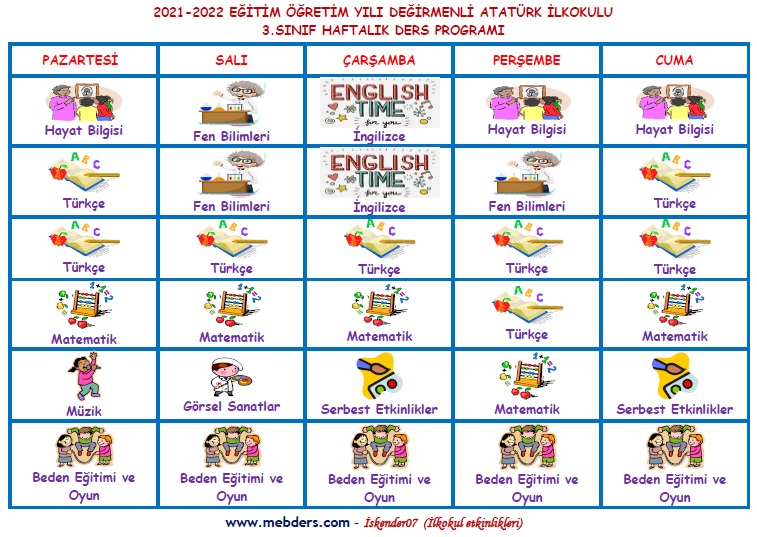 3. Sınıf Resimli Haftalık Ders Programı (Word dosyasıdır düzenlenebilir.)