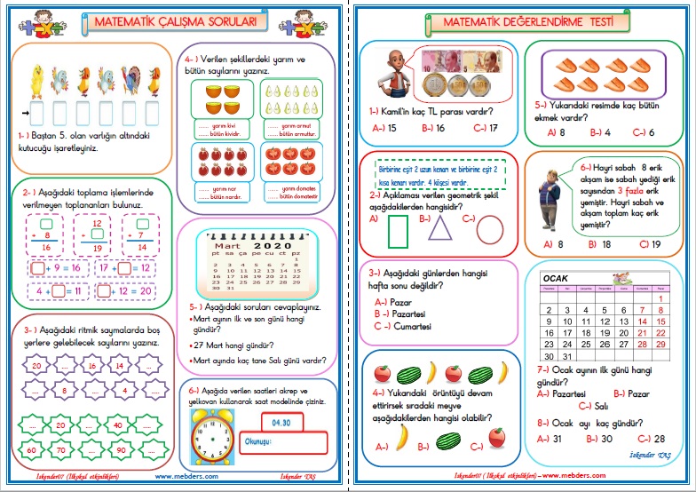 1. Sınıf Matematik Dersi Değerlendirme Çalışması 3
