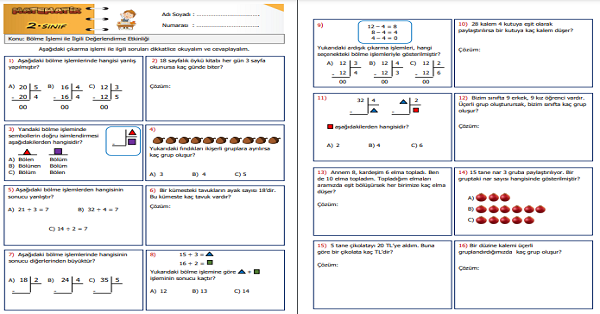 2. Sınıf Matematik Bölme İşlemi ile İlgili Değerlendirme Etkinliği