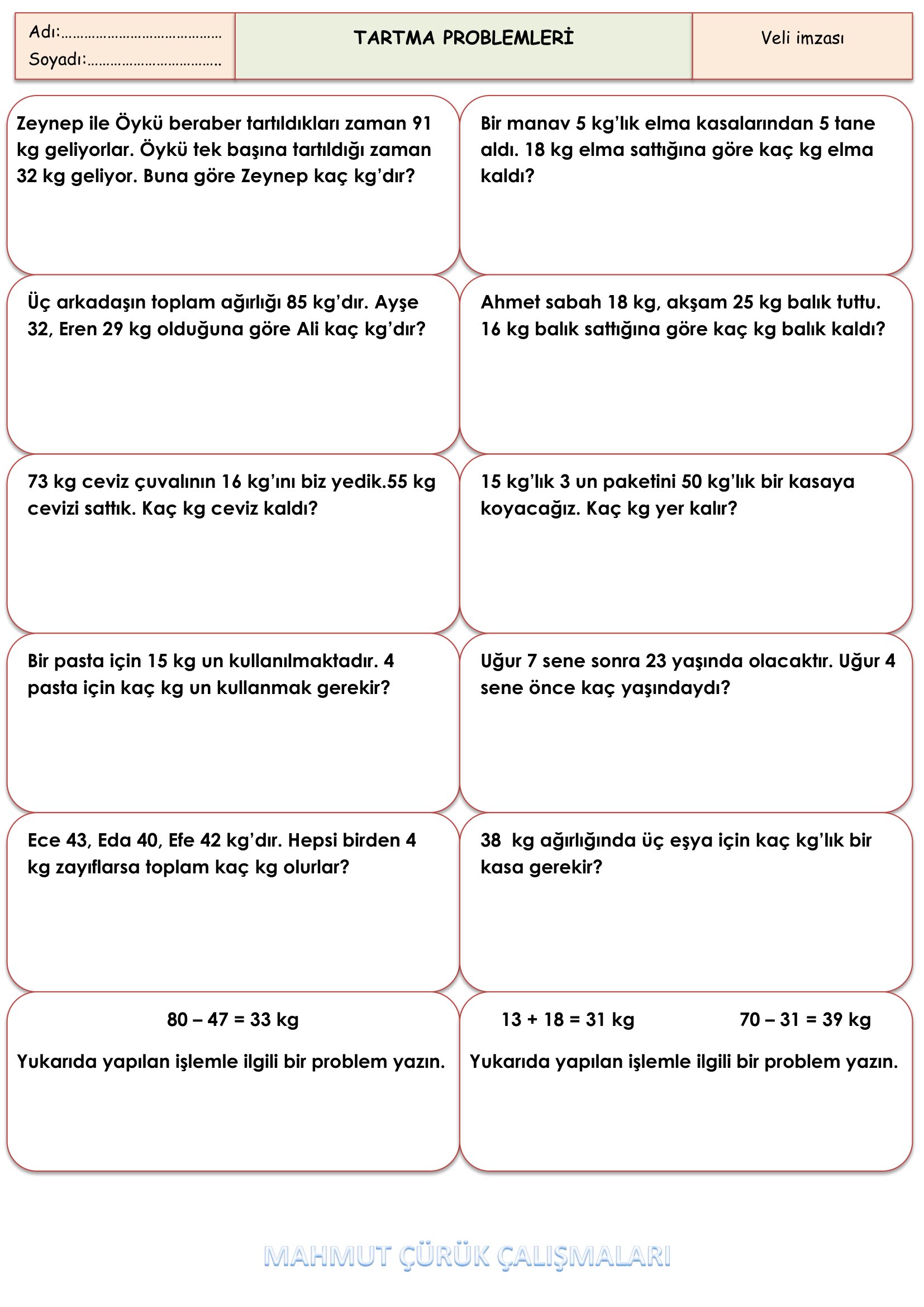 2. Sınıf - Matematik Tartma Problemleri Etkinliği