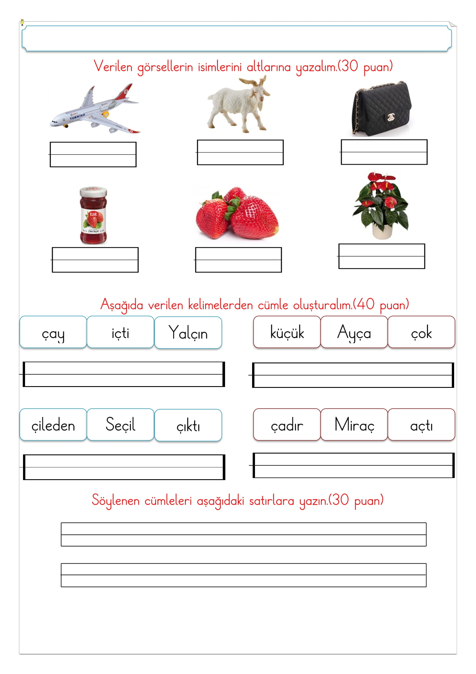 1. Sınıf İlk Okuma Yazma Ç Sesi Değerlendirme Çalışması 1
