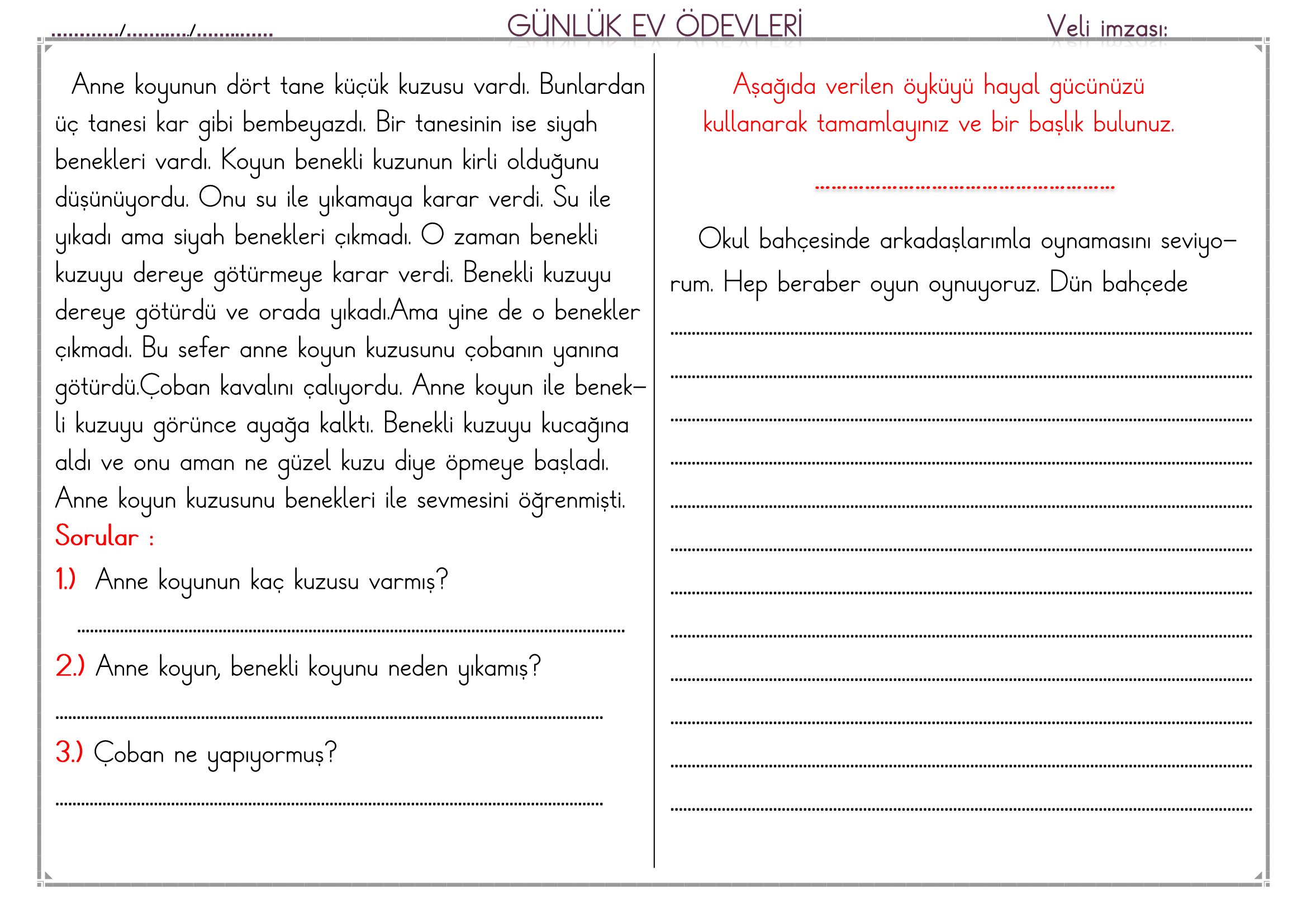 1. Sınıf - 30 Mart 2026 Günlük Ev Ödevleri