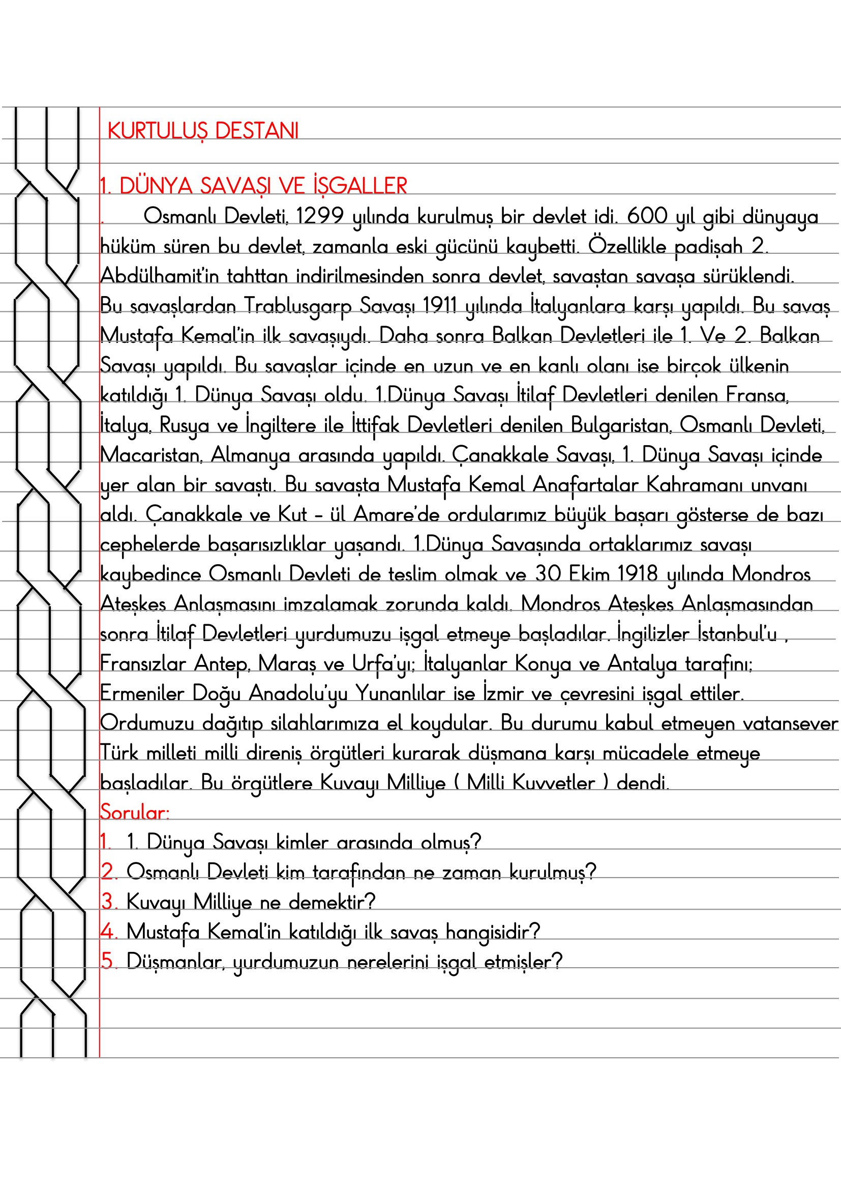 4. Sınıf - Sosyal Bilgiler - Kurtuluş Destanı ( 1.Dünya Savaşı ve İşgaller) Defter Özeti
