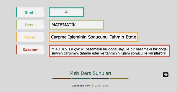4. Sınıf Matematik Çarpma İşleminin Sonucunu Tahmin Etme Sunusu