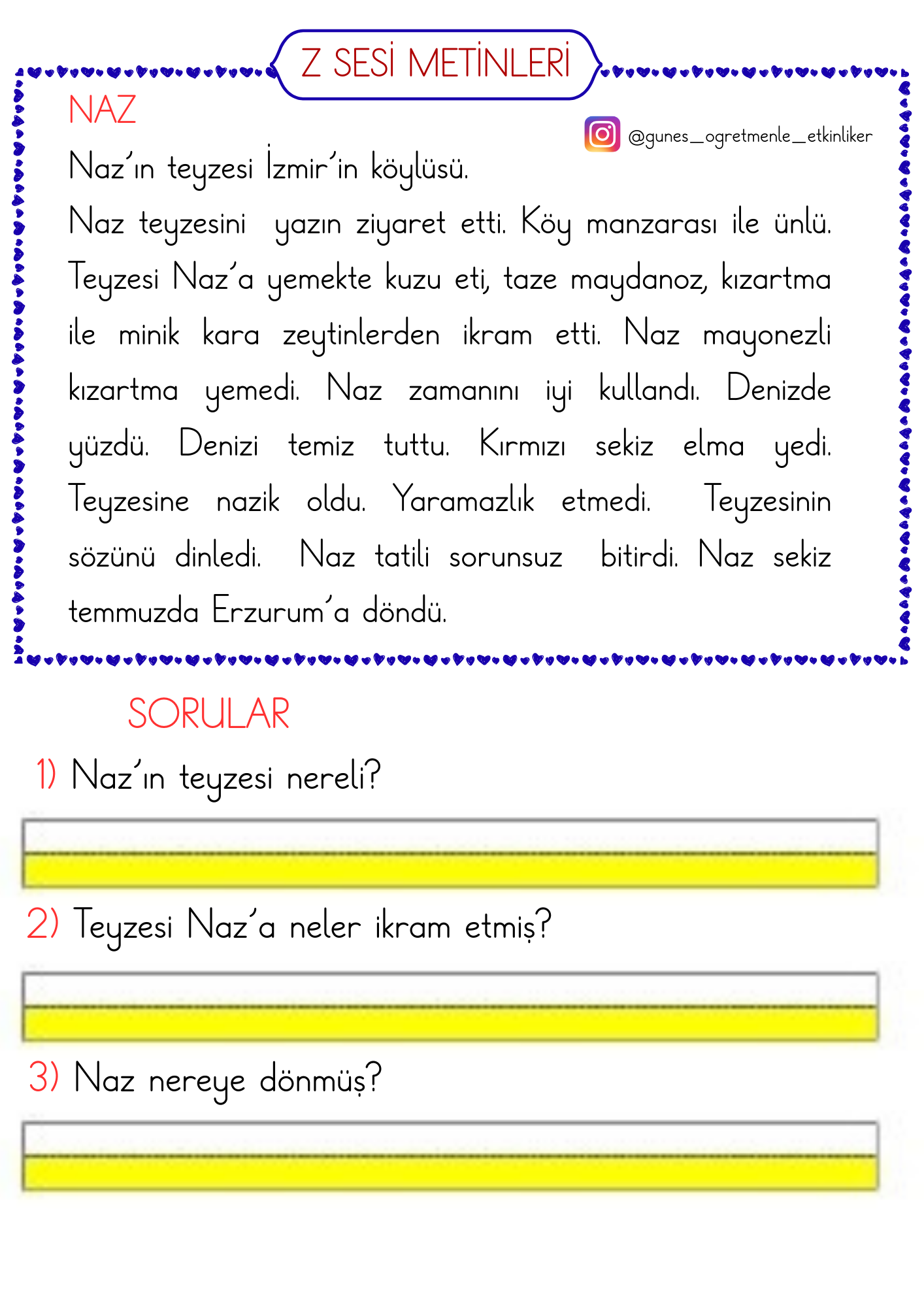 1. Sınıf İlk Okuma Yazma Z Sesi Okuma Anlama Metinleri ve Tekerleme