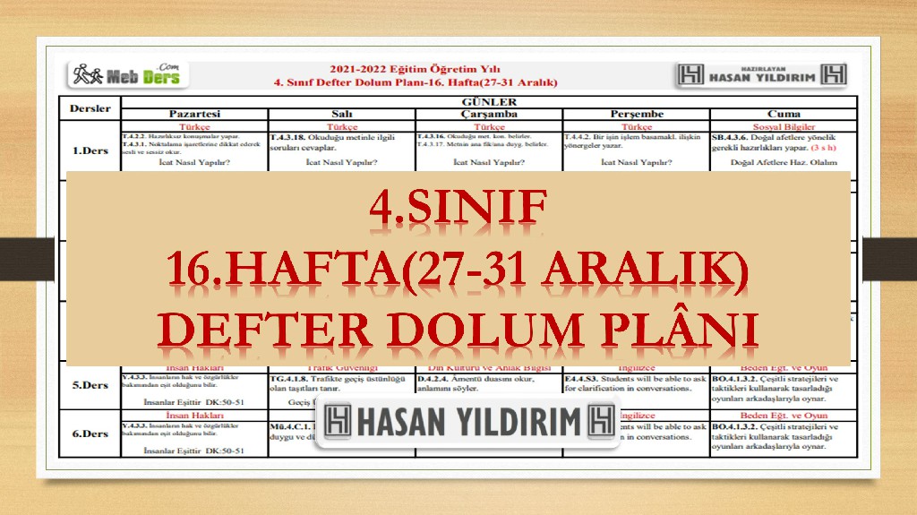 4. Sınıf 16.Hafta(27-31 Aralık) Defter Dolum Planı