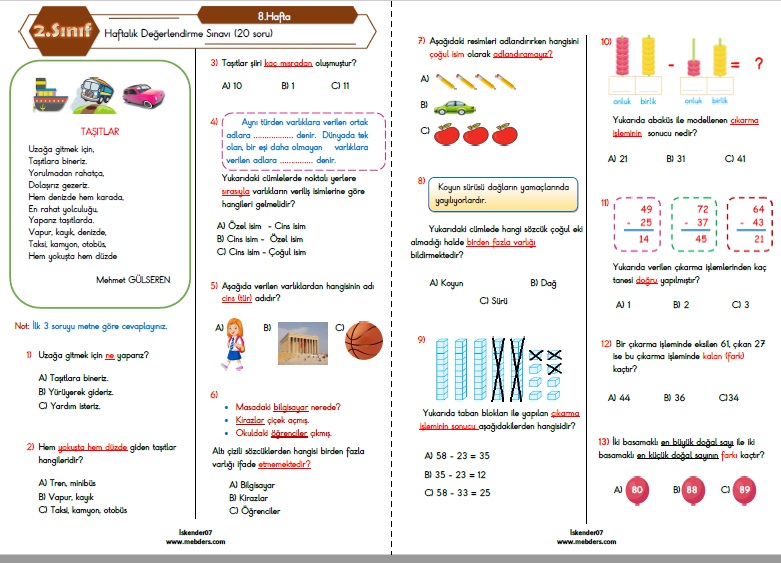 2. Sınıf Haftalık Değerlendirme Testi - 8.Hafta (31 Ekim - 04 Kasım)