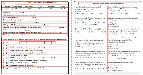3. Sınıf Matematik Genel Değerlendirmesi 1