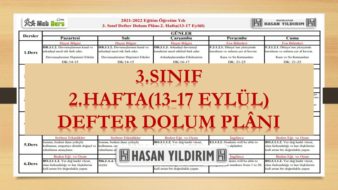 3. Sınıf 2.Hafta(13-17 Eylül) Defter Dolum Planı
