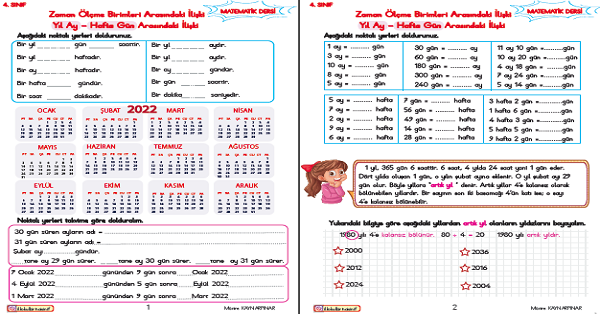 4. Sınıf Matematik Yıl Ay - Hafta Gün Arasındaki İlişki