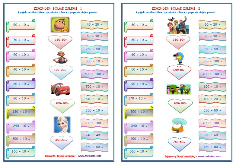 3. Sınıf Matematik Zihinden Bölme İşlemi (2 Sayfa)