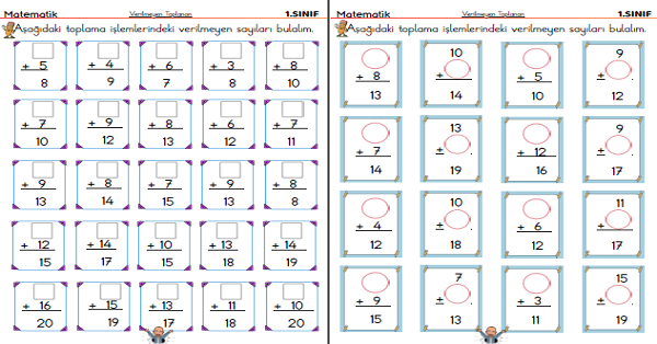 1. Sınıf Matematik Toplama İşleminde Verilmeyen Toplananı Bulma Çalışması (7 Sayfa)