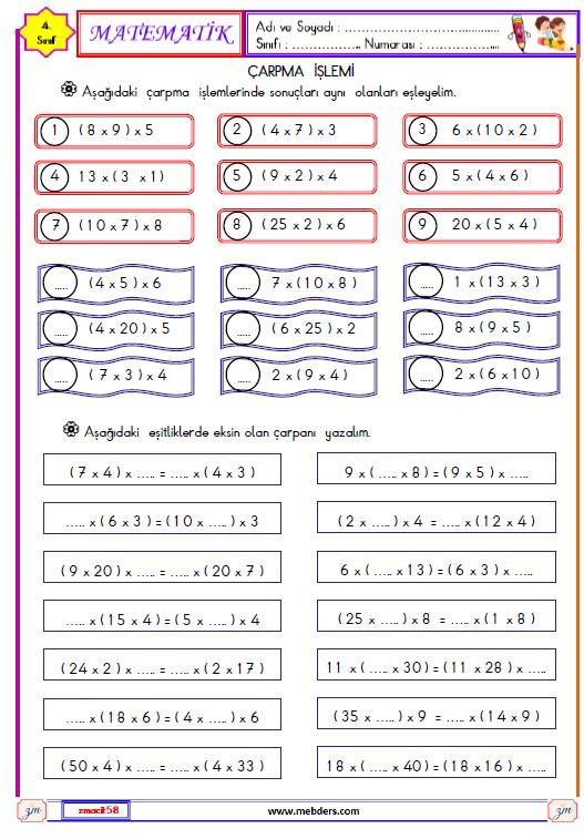 4. Sınıf Matematik Çarpma İşlemi Etkinliği 3