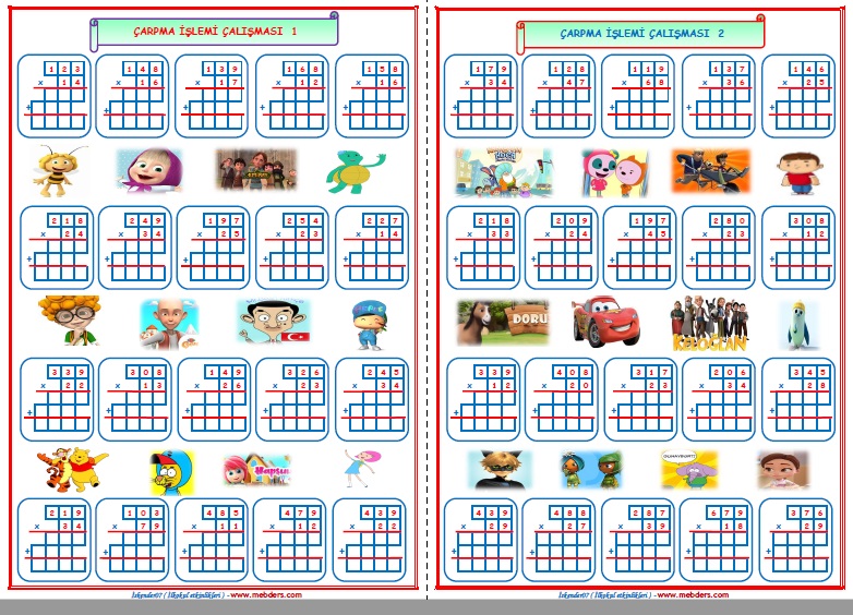 4. Sınıf Matematik Çarpma İşlemi Çalışması 1-2 (2 Sayfa)