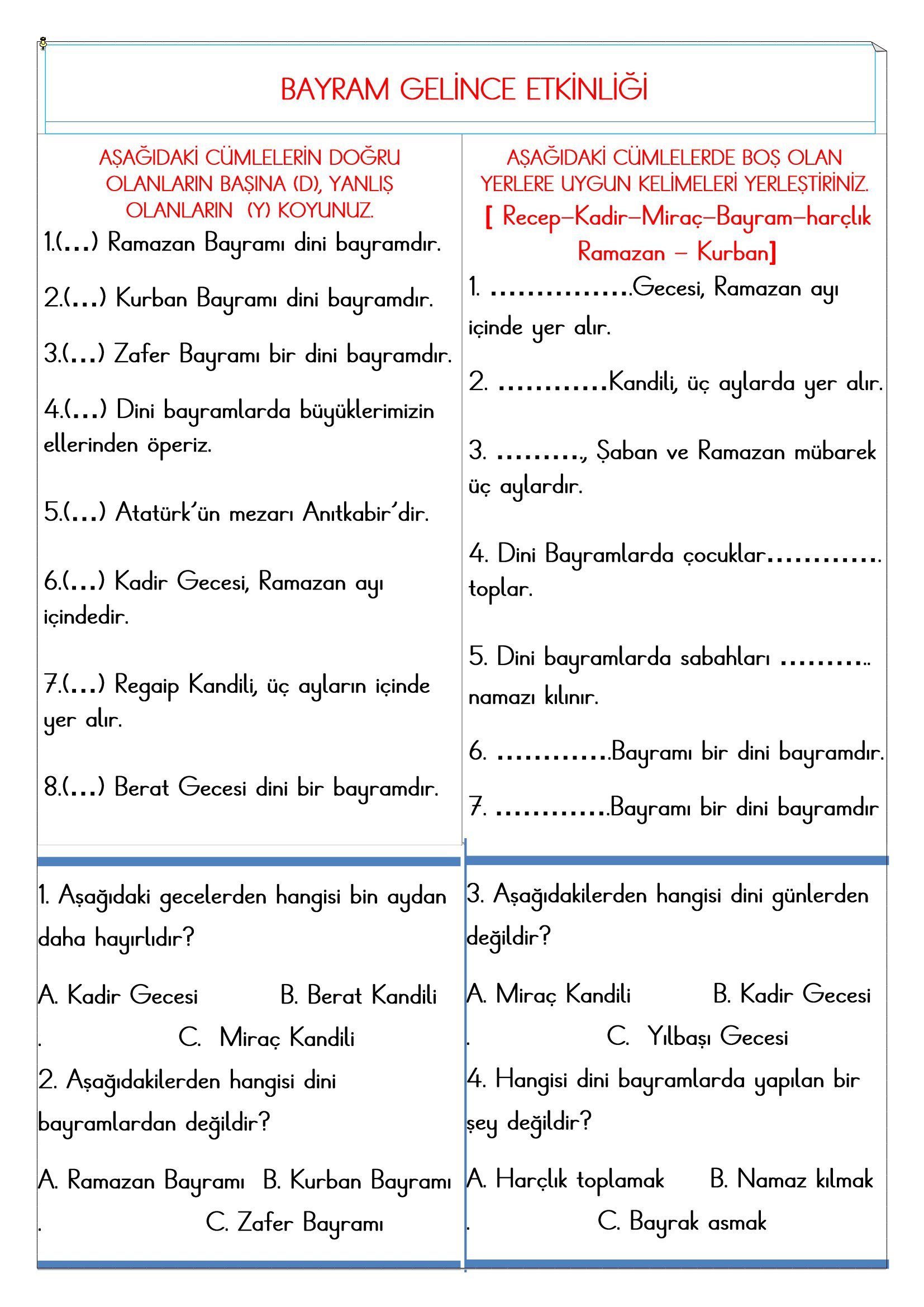 2. Sınıf - Hayat Bilgisi Bayram Gelince Etkinliği