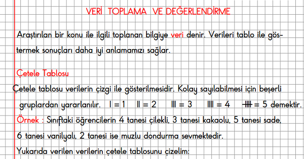 1. Sınıf Matematik Kareli Defterde Veri Toplama ve Değerlendirme Konu Özeti