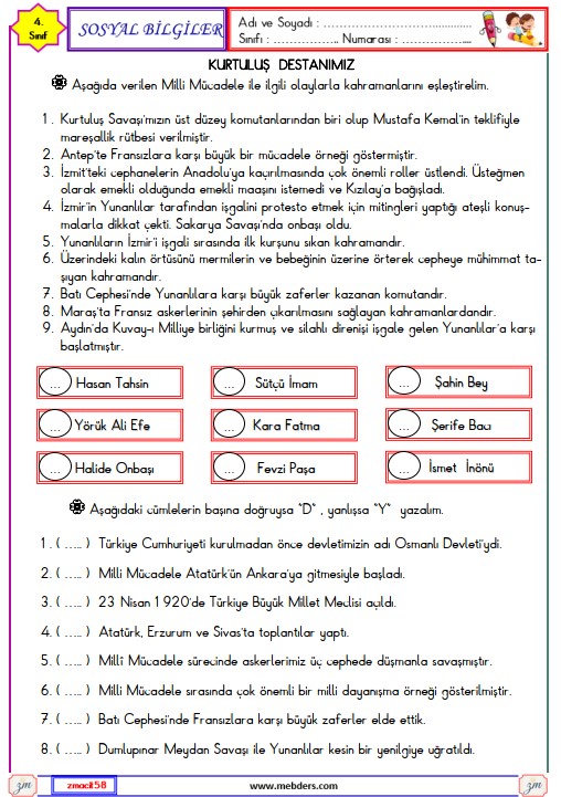 4. Sınıf Sosyal Bilgiler Kurtuluş Destanımız Etkinliği