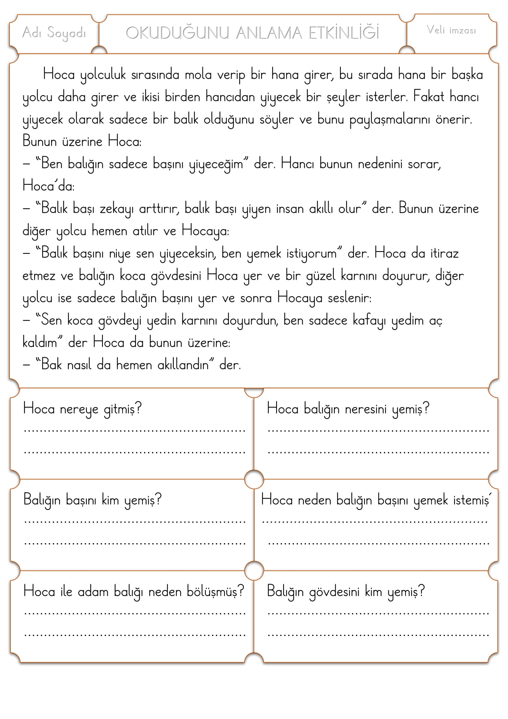 1. Sınıf Türkçe Okuduğunu Anlama Etkinliği -2