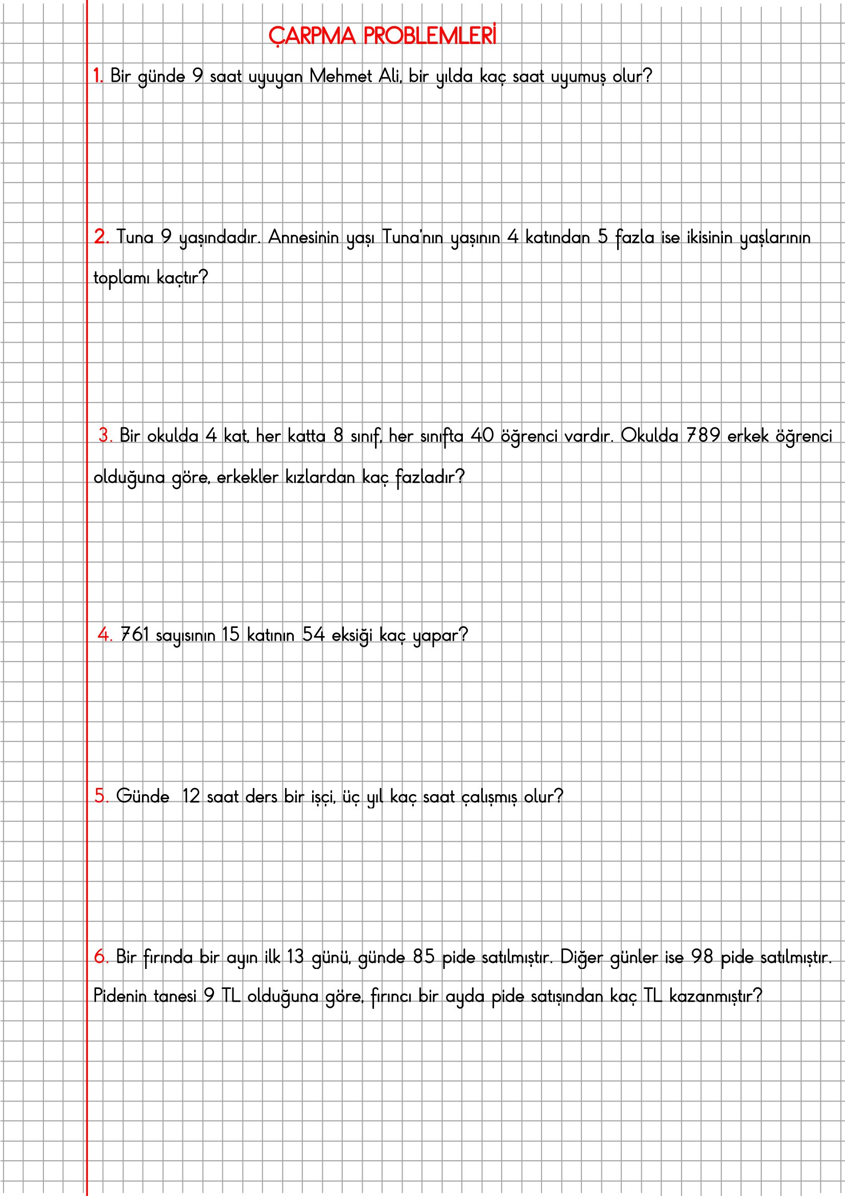4. Sınıf Matematik Kareli Defterde Çarpma Problemleri